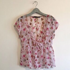 Zara Pink Floral Surplus Cross Front Top